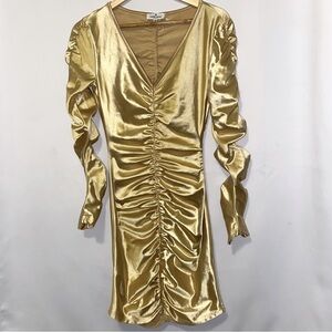 NWOT Shane Justin Runway Gold Ruched Longsleeve Stretchy Bodycon Midi Dress S